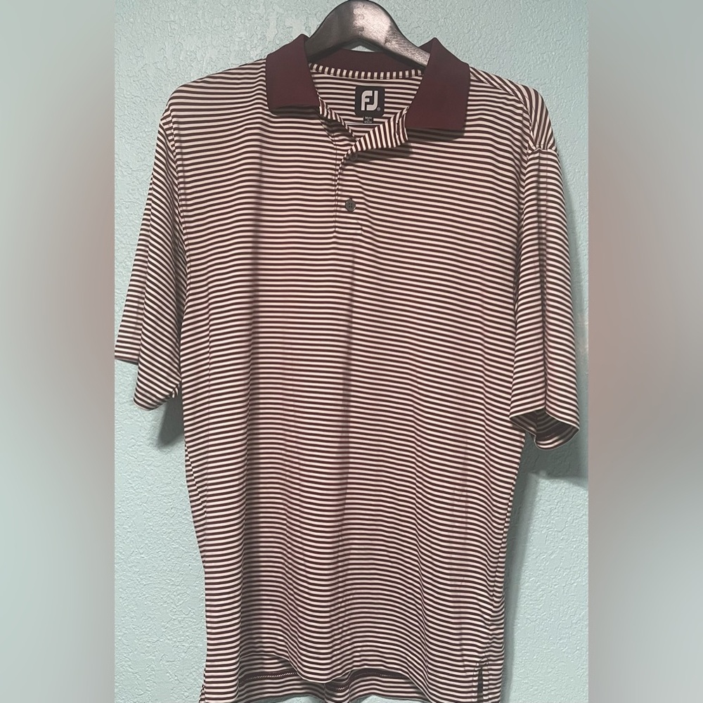 Footjoy Mens Medium Maroon  Striped Polo Style Golf Shirt Polyblend